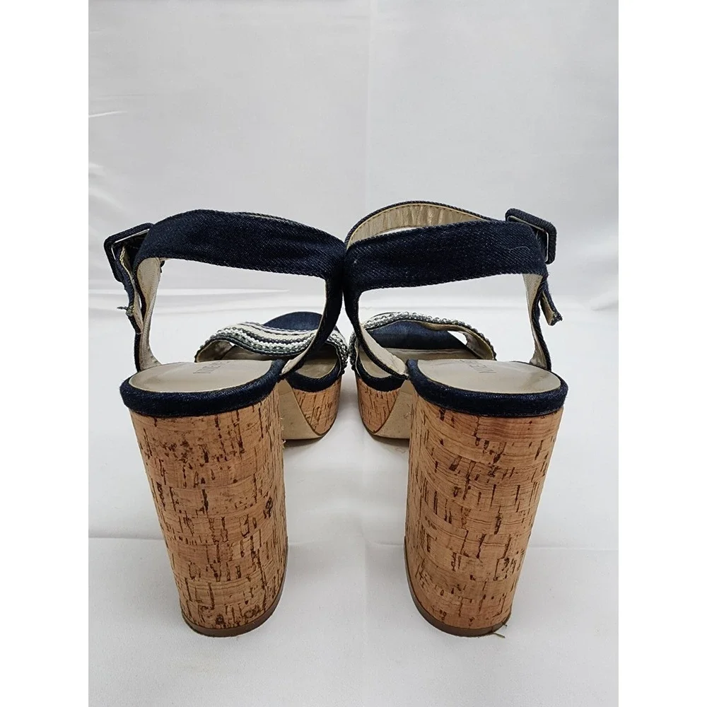 Nine West Womens Platform Sandal Block Heel Denim Open Toe Black Beige Size 8.5